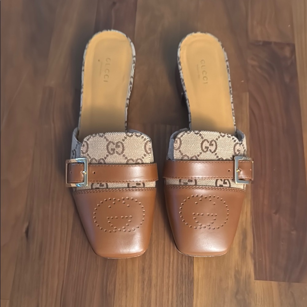 Gucci Brown Leather Mules with Horsebit Detail